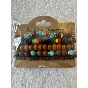 Boho 5 Wood Bead Stretch Bracelets Fashion Jewelry Rasta Turquoise Accents New